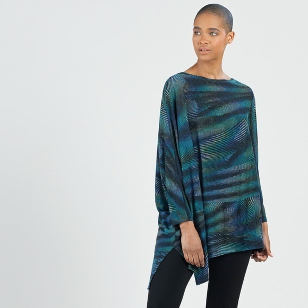 CLARA SUNWOO Teal Blue Peacock Abstract Print Asymmetrical Tunic Top Poncho SZ M